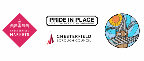 Chesterfield Markets logo (left), Pride in Place Led by you- Backed by Uk Government logo (middle top), Chesterfield Borough Council logo (middle bottom) and Chesterfield Town Board logo (right)