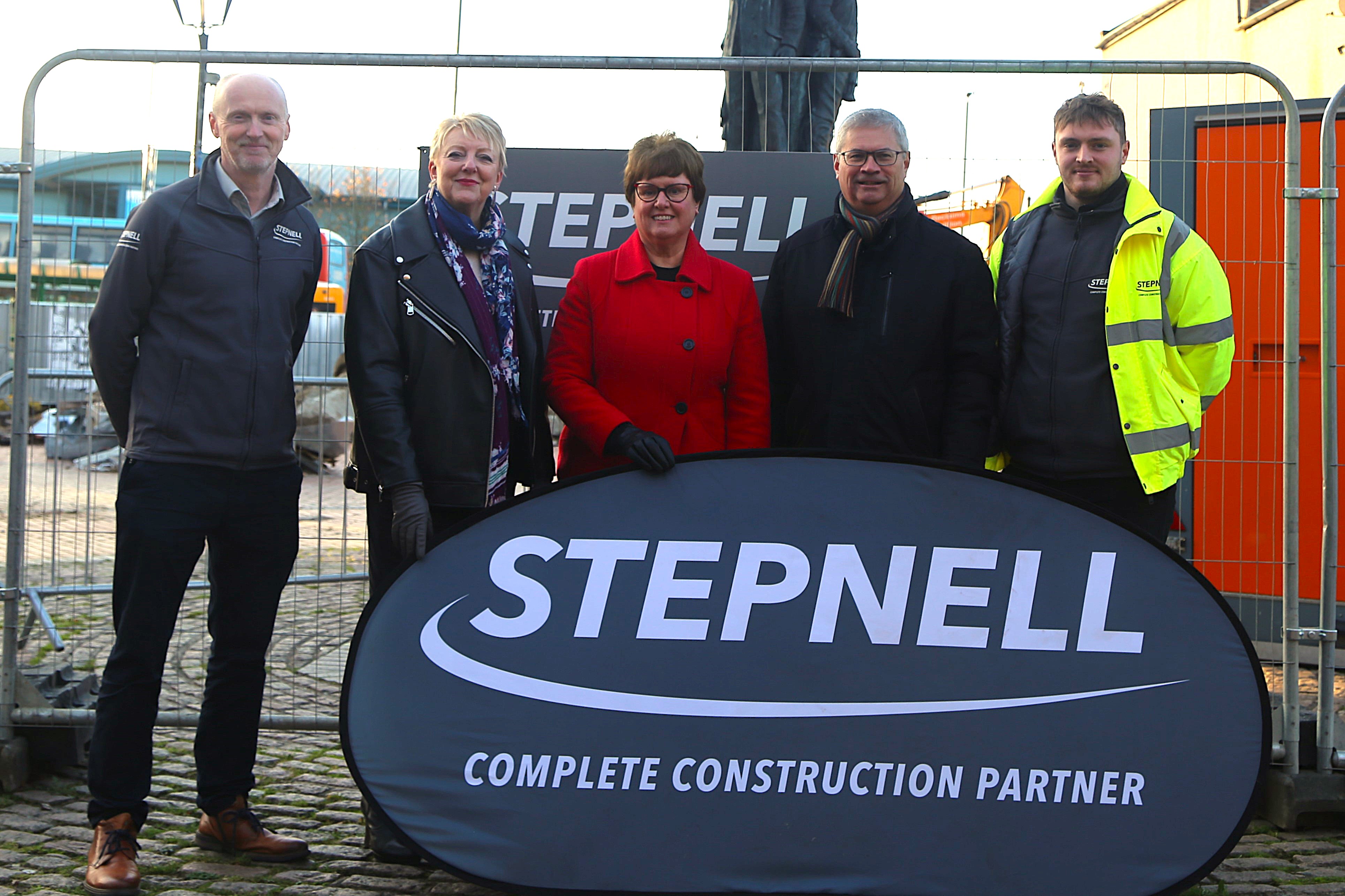(L-R) Nick Banks, Senior Contracts Manager at Stepnell; Councillor Kate Sarvent, Chesterfield Borough Council’s cabinet member for town centres and visitor economy; Councillor Tricia Gilby, Tricia Gilby, leader of Chesterfield Borough Council and vice chair of the Staveley Town Deal Board; Ivan Fomin, chair of the Staveley Town Deal; Will Mart, Trainee Site Manager at Stepnell