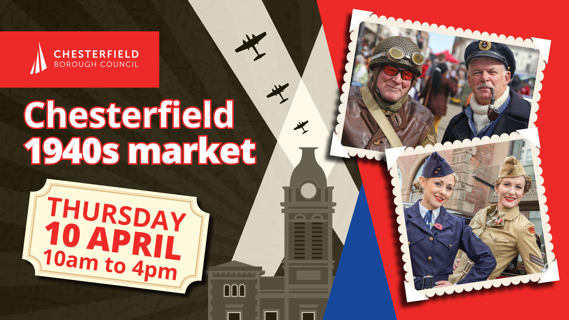 Chesterfield 1940s Market flyer with date and entertainers dressed in period costume