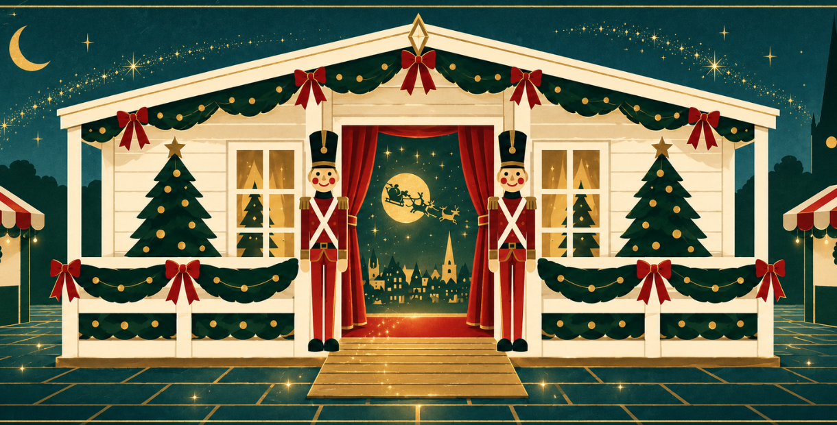 Cartoon style graphic of a grotto, decorated for Christmas 