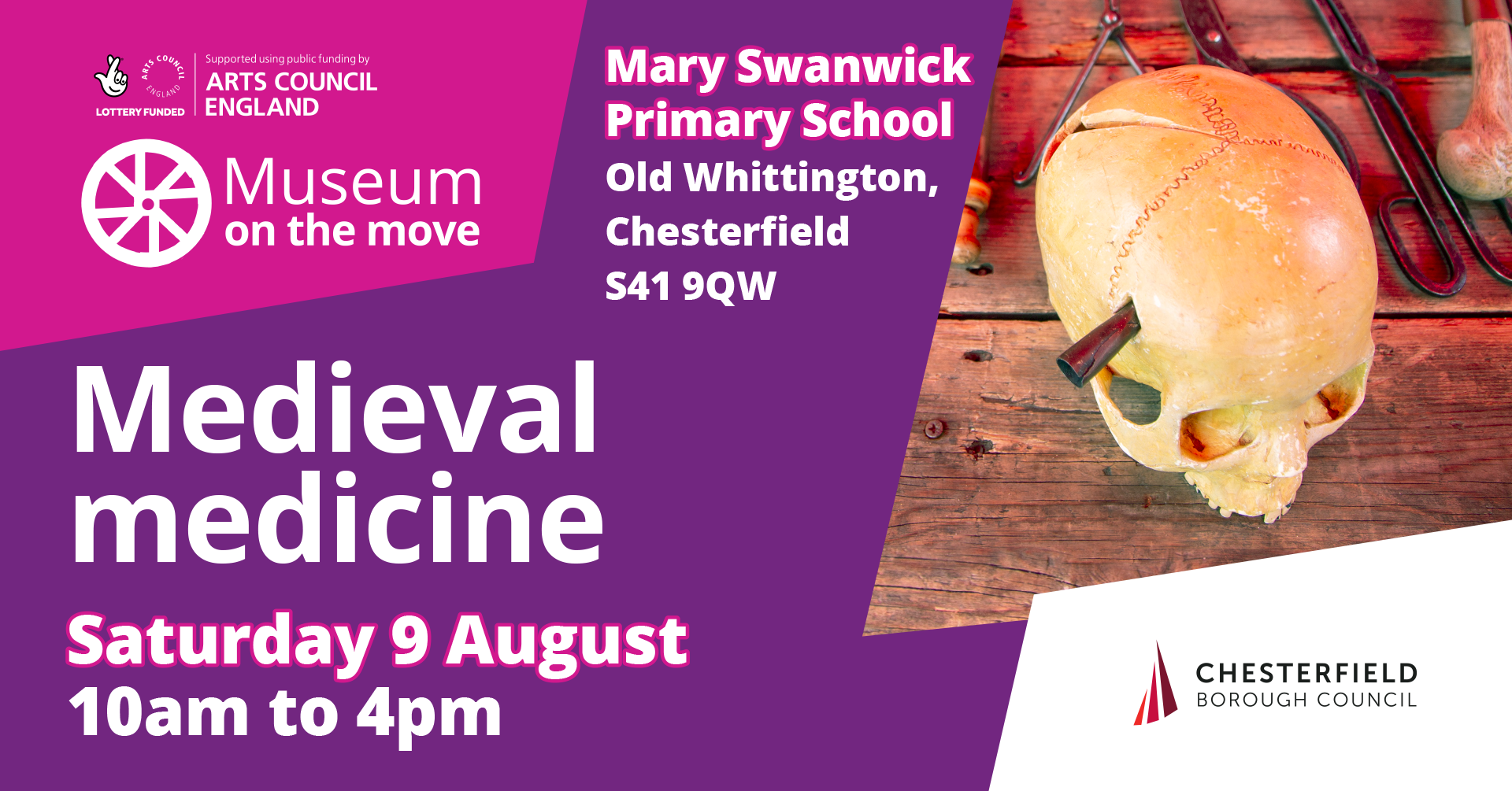 Medieval medicine flyer with event details and photo of surgical instruments and a skull.