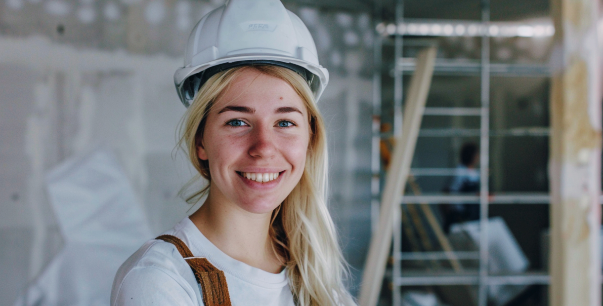 Female with blonde hair wearing a white hard hat