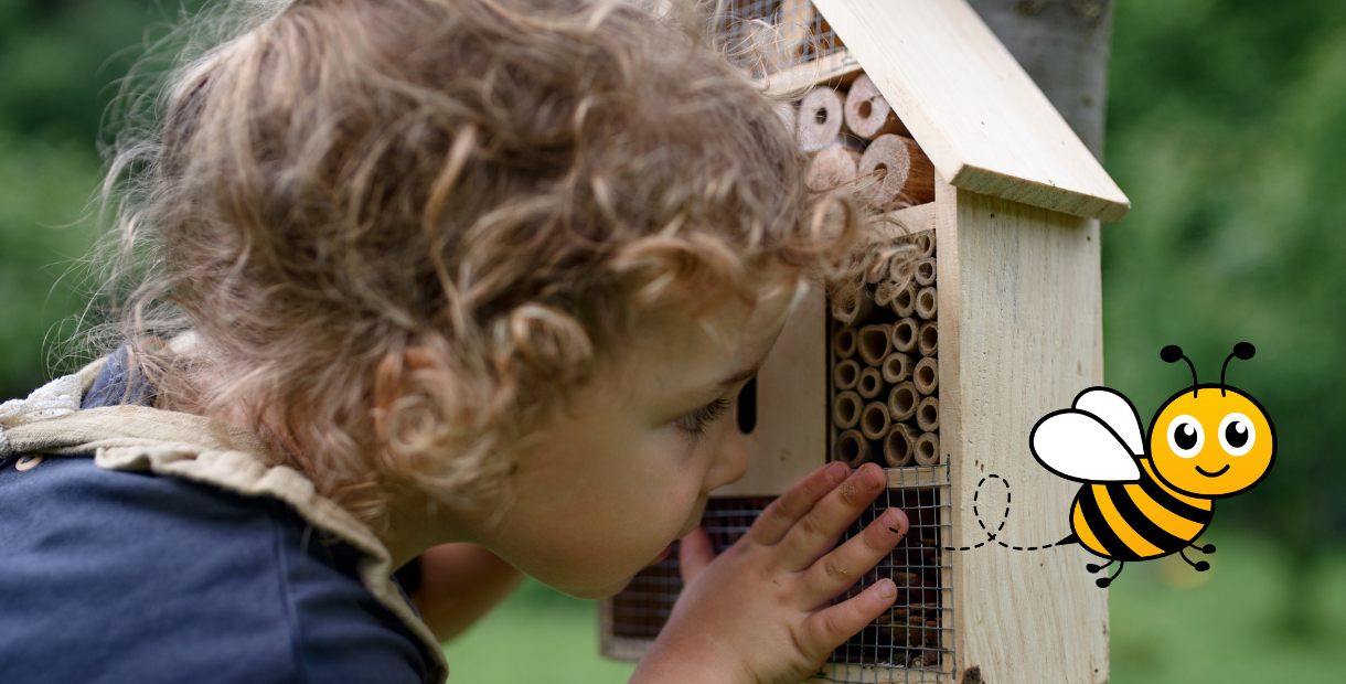 Girl looking closely at a bug house