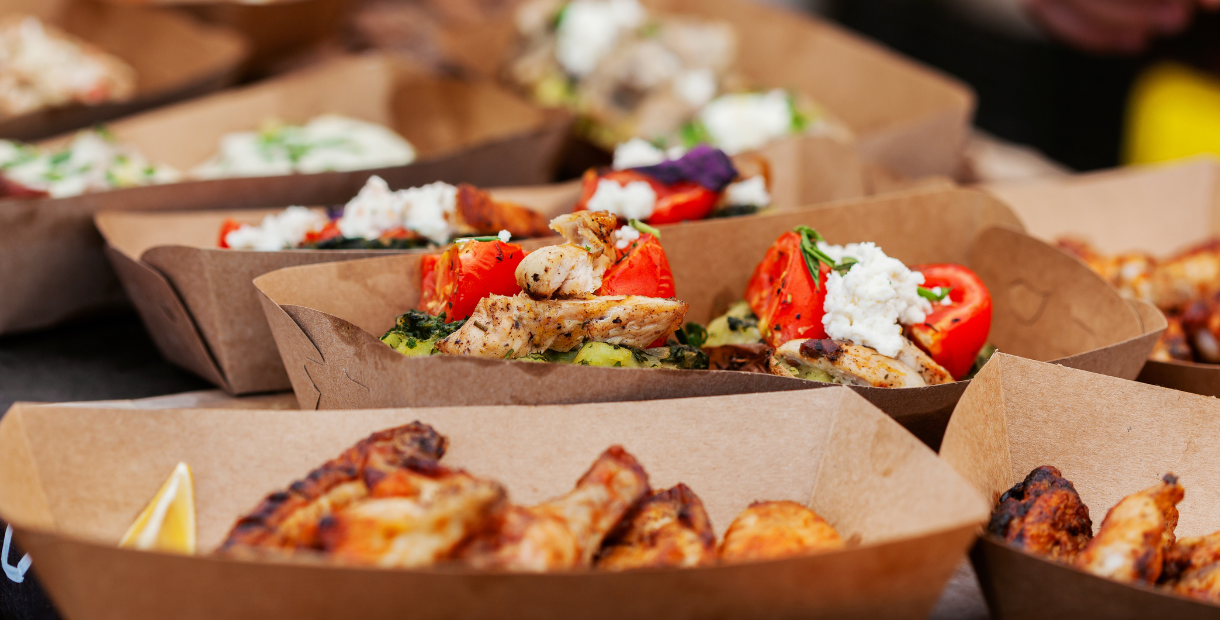 Boxes of street food on a table 