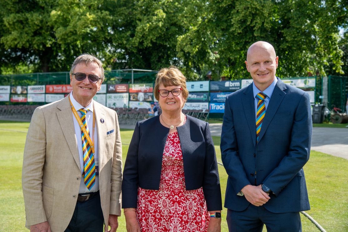 Derbyshire County Cricket Club Chair Ian McFarlane, Councillor Tricia Gilby and Derbyshire County Cricket Club Chief Executive Ryan Duckett