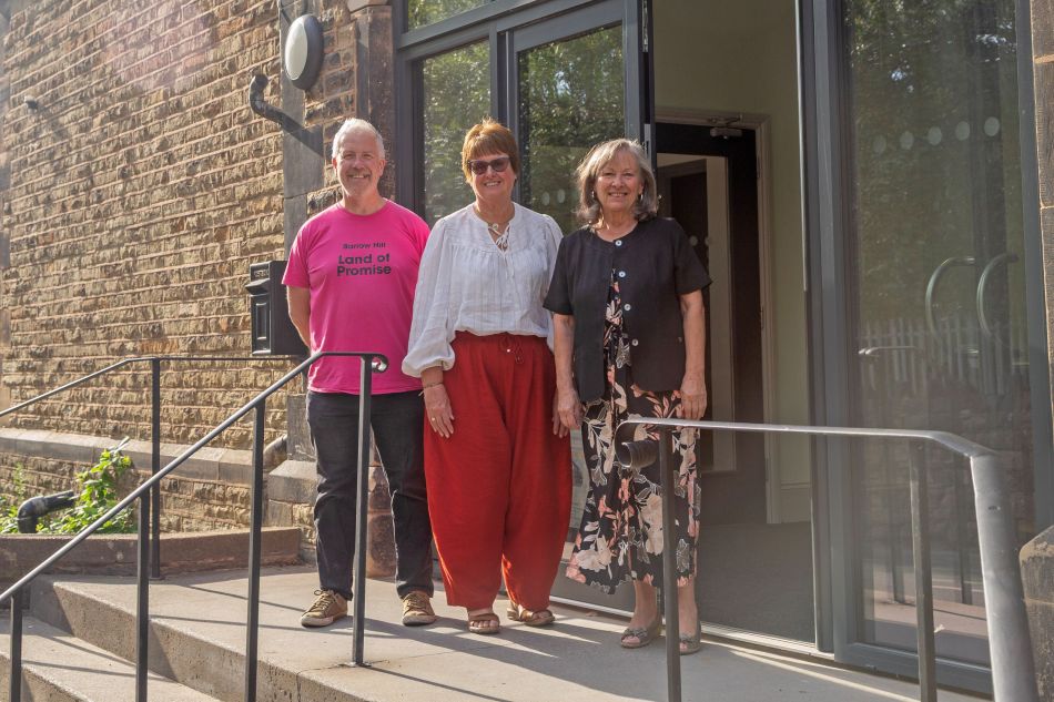 Simon Redding, Cllr Tricia Gilby and Ann Lucas outside the Memorial Hall