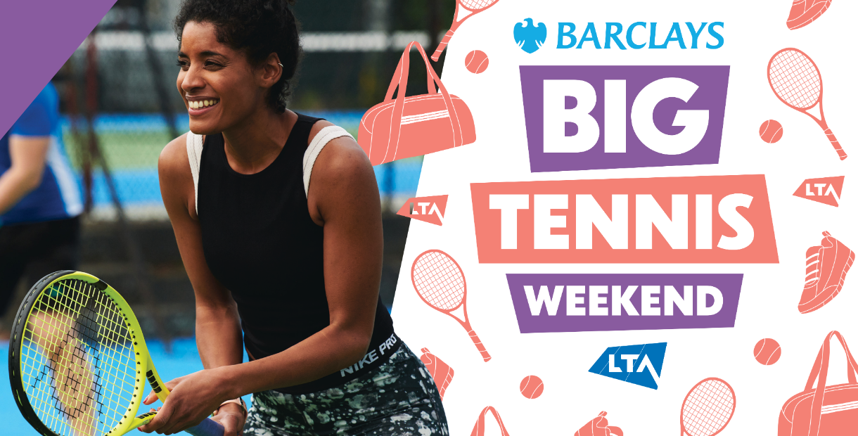 A person holding a tennis racket on an outdoor court, positioned next to a promotional graphic for the Barclays Big Tennis Weekend, which features illustrations of tennis equipment and the Lawn Tennis Association logo.
