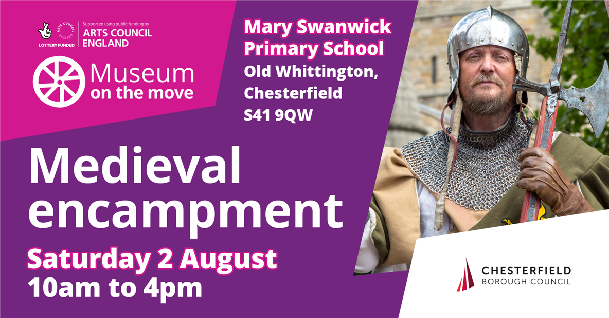Flyer with details of Medieval encampment event and a photo of a Medieval knight
