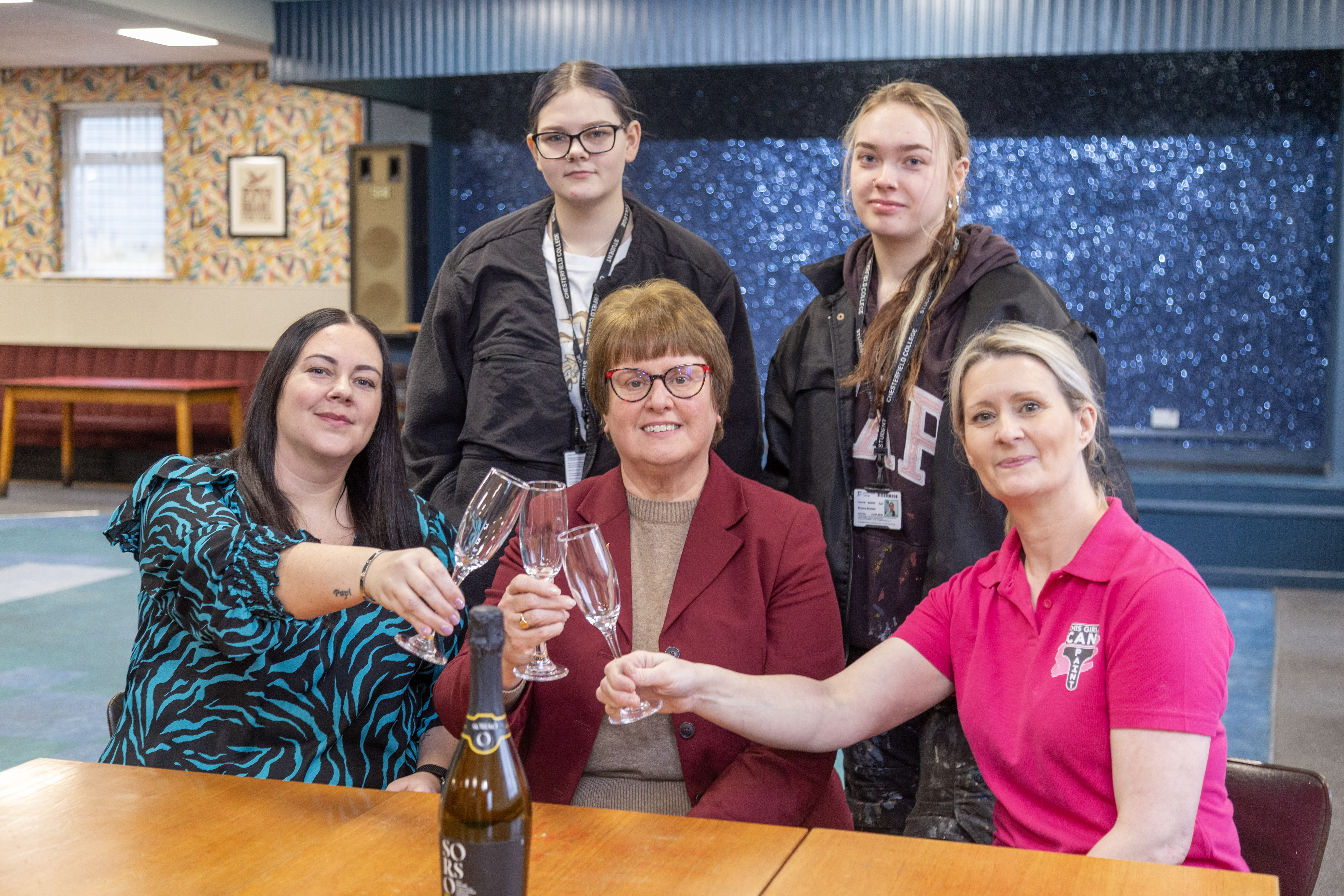 back row, left to right: Mckenzie and Brianna from Chesterfield College; •	front row, left to right: Isabell Herrmann (stewardess at Duckmanton Miners Welfare Centre), Councillor Tricia Gilby (Leader of Chesterfield Borough Council) and Sue Ready (This Girl Can Paint) 