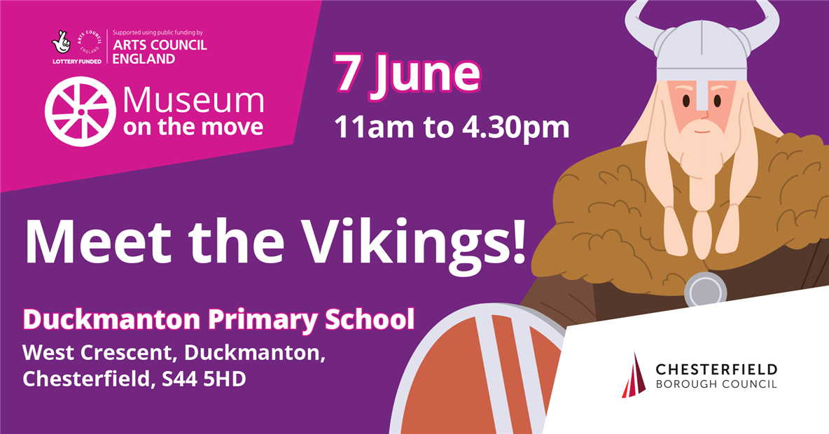 Flyer advertising the Viking exhibition and listing the date, time and location and a cartoon style graphic of a Viking.